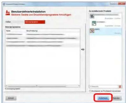 Benutzerdefinierteinstallation Mehrere Geräte und Druckflüretprogramme hinzufügen Stellen Dienstprogramme Name Statusung Zu installende Produkt Bruttozen Lizenen Bruttozen Lizenen AURIS 100% Multiplanen zu Postkosten verwerten Installungen Renden Zukka