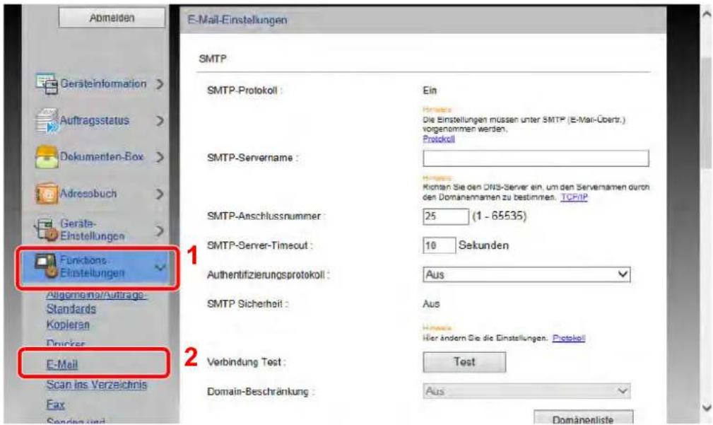 Abmelden E-Mail-Einstellungen SMTP SMTP-Protokoll : Ein Hirality Die Einstellungen müssen unter SMTP (E-Mail-Uberr.) vorgenommen werden, Protokoll SMTP-Servername : Hirality Kichten Sie den DfR3-Server ein, um den Servernamen durch den Domanennamen zu bestimmten. TCP/IP SMTP-Anschlussnummer : 25 (1 - 65535) SMTP-Server-Timeout : 10 Sekunden Authertifizierungsprotokoll : Aus SMTP Sicherheit : Aus Hirality Hier ändern Sie die Einstellungen. Protokoll Verbindung Test : Test Domain-Beschränkung : Aus Domanenliste Funktions- Einstellungen Allgemeina/Auftrags- Standards Kopieren Drucker E-Mail Scan ins Verzeichnis Fax Sanden und