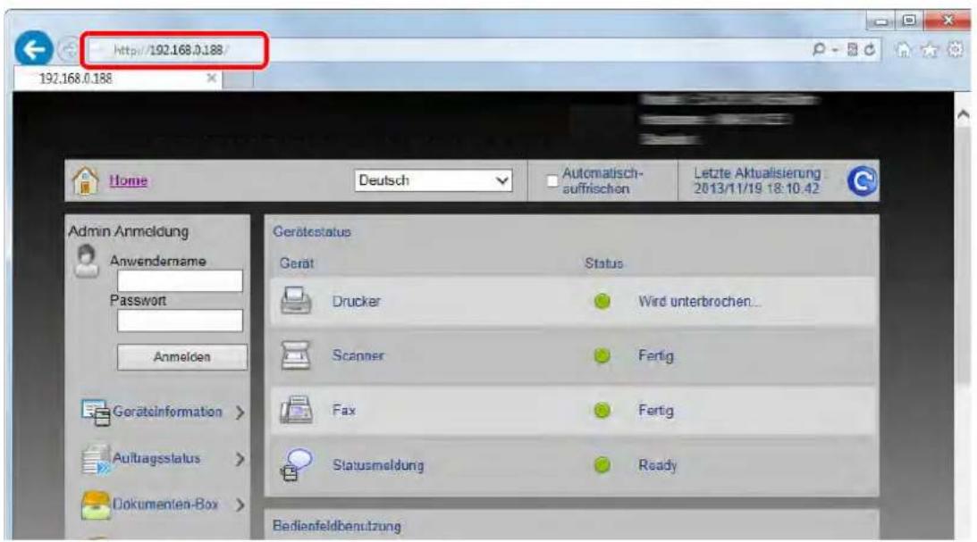 http://192.168.0.188/ 192.168.0.188 Home Deutsch Automatisch- auffrischen Letzte Aktualisierung 2013/11/19 18:10:42 Admin Anmeldung Anwendername Password Anmelden Gerätestatus Gerät Status Drucker Wird unterbrochen... Scanner Fertig Fax Fertig Statusmeldung Ready Bedienfeldbenutzung