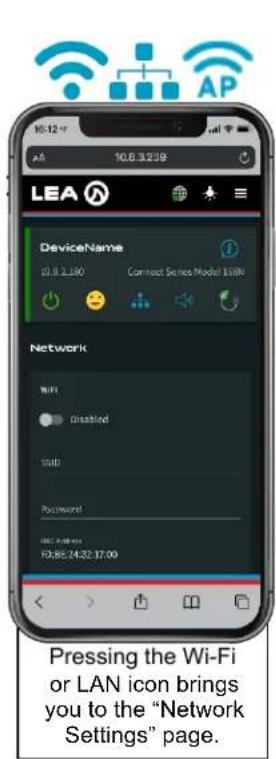 Pressing the Wi-Fi or LAN icon brings you to the "Network Settings" page.