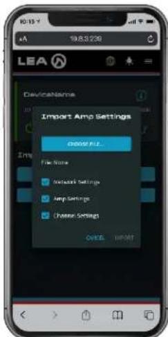 LEA DeviceName Import Amp Settings CLOWS FILE... File Name Network Settings Amp Settings Channel Settings OFF: IMPORT