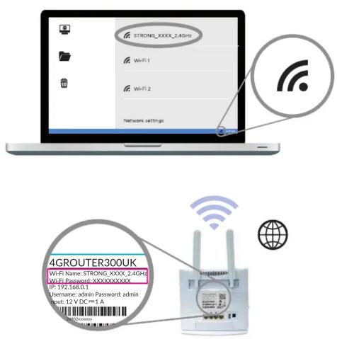 STRONG_XXXX_2.4GHz Wi-Fi 1 Wi-Fi 2 Network settings 4GROUTER300UK Wi-Fi Name: STRONG_XXXX_2.4GHz Wi-Fi Password: XXXXXXXXXXXX IP-192.168.0.1 Username: admin Password: admin Input: 12 V DC=1.4 USB