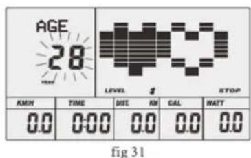 AGE 28 LEVEL $ STOP KWH TIME DIST KN CAL WATT 0.0 0:00 0.0 0.0 0.0 fig 31