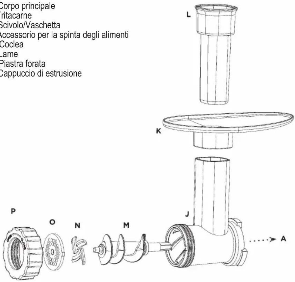Corpo principale ritacarne Scivolo/Vaschetta accessorio per la spinta degli alimenti Coclea Lame Piastra forata Cappuccio di estrusione K P O N M J A