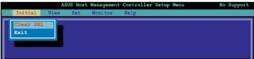 ASUS Host Management Controller Setup Menu No Support Initial View Set Monitor Help Clear SEL Exit