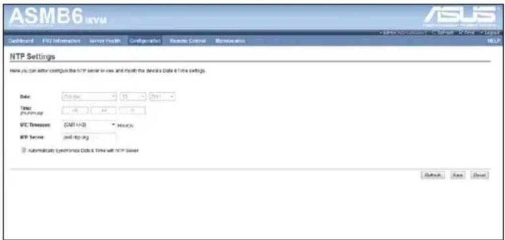 ASMB6 IKVM Dashboard F/U Information server Health Configuration Reactive Control Maintenance HELP NTP Settings Here you can enter a subgroup the NTP server or view and modify the device's Data & Time Settings. Date: 01/01/2011 Time: 48.00.00 VTC Timestamp: (GMT+/-) HxDCN MTP Server: post-lop.org Automatically synchronics Data & Time with NTP Server Default Case Default
