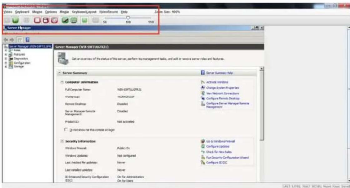 Video Keyboard Mouse Options Regia KeyboardLayout Video/Secure Help Zoom Size: 100% Server Manager Server Manager (WB-SRT3/8/7R3.1) Get an overview of the status of this server, perform by management tasks, and add or remove server roles and features. Server Summary Server Summary Help Computer Information Full Computer Name: WEN-SRT1/LOPR.21 Workgroup: WORKGROUP Remote Desktop: Disabled Server Manager Remote Management: Project ID: Not activated Is not show me this console at login Security Information Windows Firewall: Public On Windows Updates: Not configured Last installed for updates: Never Last installed updates: Never © Advanced Security Configuration (ESC) On for Administrators On for Users Activate Windows Change System Properties View Network Connections Configure Remote Desktop Configure Server Manager Remote Management Go to windows Firewall Configure Updates Check for New Rules Use Security Configuration Wizard Configure IE ESC