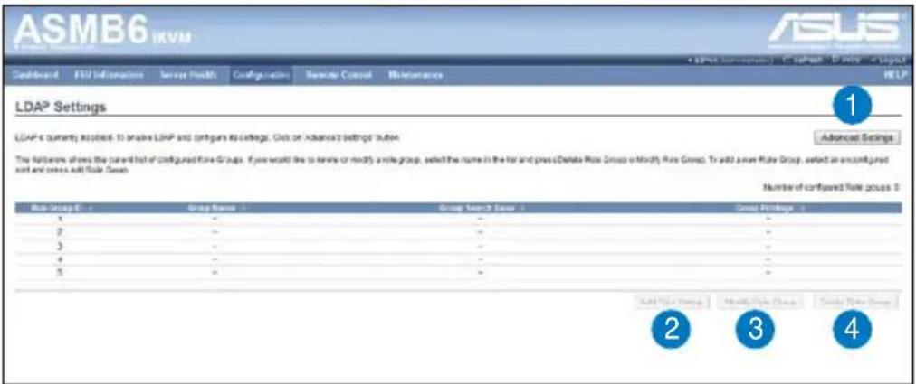 ASMB6 IKVM ASUS Dashboard FSU Information Server Health Configuration Register Control Maintenance LDAP Settings LDAP is currently installed to analyze LDAP and config your college. Click or Advance Settings buttons Advanced Settings The Settings shows the parent list of configured Role Groups. If you would like to serve or modify a role group, select the name in the list and press Delete Role Group or Modify Role Group. To add an active Role Group, select an unconfigured and press add Role Groups. Number of configured Role groups 0 Role Group 0 - 1 Group Name - 1 Group Search User - 1 Group Package - 1 1 - - - - 2 - - - - 3 - - - - 4 - - - - 5 - - - - 2 3 4 ASP Use Group Modify Use Group Modify Use Group