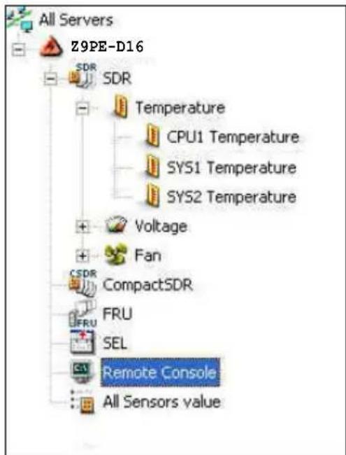 All Servers Z9PE-D16 SDR SDR Temperature CPU1 Temperature SYS1 Temperature SYS2 Temperature Voltage Fan CSDR CompactSDR FRU SEL Remote Console All Sensors value