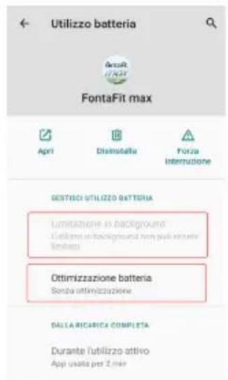 Utilizzo batteria FontaFit max April Disinastella Forza internuzione GESTIICI UTILIZZO BATTERIA Limitazione in background Cellero in background non pali essere limitico Ottimizzazione batteria Sonpa ottimizzazione DALLA RICARICA COMPLETA Durante l'utilizzo attivo App usata per 2 min