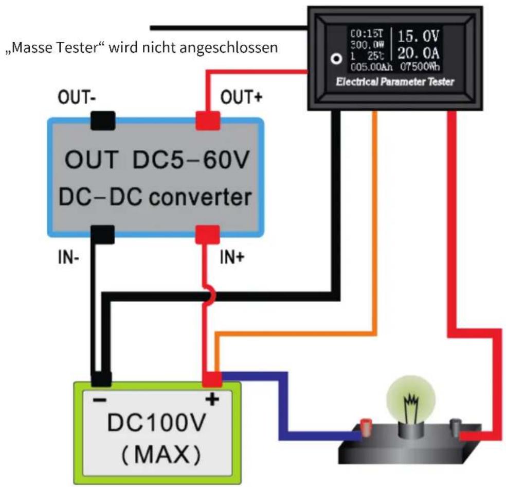 "Masse Tester" wird nicht angeschlossen OUT- OUT+ OUT DC5-60V DC-DC converter IN- IN+ DC100V (MAX) Electrical Parameter Tester CO:13T 15.0V 300.0W 20.0A 1 25t 005.00Ah 07500Ah
