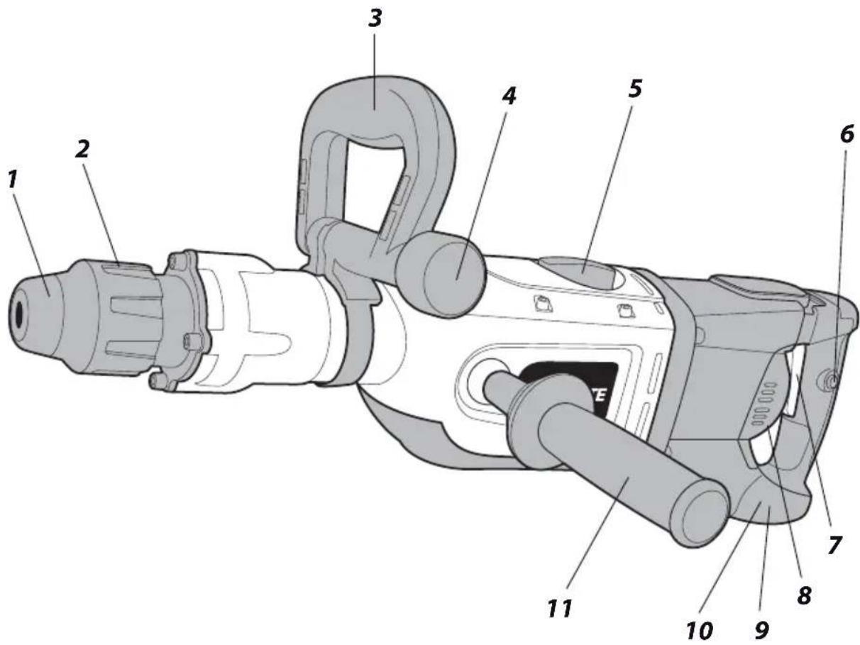 Technical diagram of a mechanical power tool with numbered parts for identification