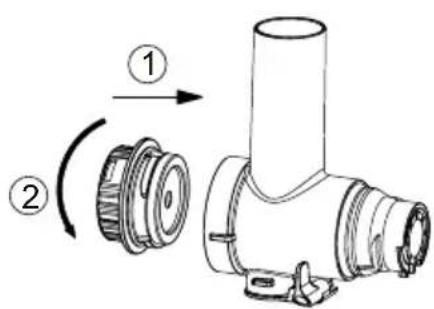 Technical diagram showing mechanical assembly with numbered components and directional arrow indicating rotation or assembly.