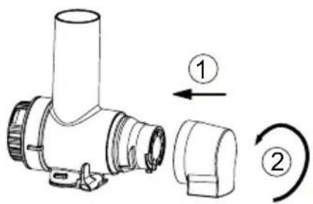Diagram showing a pipe fitting with two directional arrows labeled ① and ② indicating movement or rotation.