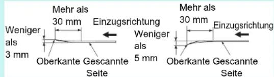 Mehr als 30 mm Einzugsrichtung Weniger als 3 mm Oberkante Gescannte Seite Mehr als 30 mm Einzugsrichtung Weniger als 5 mm Oberkante Gescannte Seite