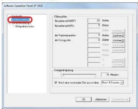 Software Operation Panel SP-1425 Energy consumption In the following: - Energie-Emissioner Emissions Gesamtzahl (KDF) 300 Batter Gesamtzahl (PE) 500 Batter Lachtwir der Paparoseparation: 0 Batter Lochron(2) 0 Batter Lachtwir(3) Batter Lachtwir(4) Batter Lochron(5) Batter Lachtwir(6) Batter Lachtwir(7) Energy-Emissioning 15 Minutes ✓ Nach eine bestimmten Zeit ausschaben Nach 4 Stunden OK Abbrücken Startmen/A