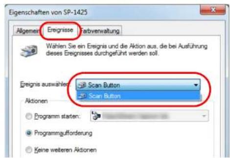 Eigenschaften von SP-1425 Allgemein Ereignisse Farbvenwaltung Wählen Sie ein Ereignis und die Aktion aus, die bei Ausführung dieses Ereignisses durchgeführt werden soll. Ereignis auswahlers: Scan Button Scan Button Aktionen: Programm starten: Programmaufforderung Keine weiteren Aktionen