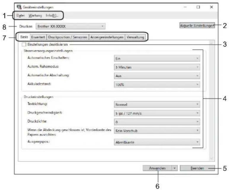 Gestälteinstellungen 1 - Dateri Wertung Info(1) - Drucken Brother XX-XXXX Aktuelle Einstellungen Basis Eventert Druckposition / Sensoren Anzeigeeinstellungen Verwaltung Einstellungen deaktivieren Stromversorgungseinstellungen Automatisches Einschalten: Ein Autom. Ruhemodus: 3 Minuten Automatische Abschaltung: Aus Akkuladstand: 100% Druckestellungen Textrichtung: Normal Druckgeschwindigkeit: 5 ips / 127 mm/s Druckdichte: 0 Wenn die Abdeckung geschlossen ist, Vorderkante des Papers ausrichters: Kein Vorschub Ausgangspots: Abreißkante Anwenden Beenden 6
