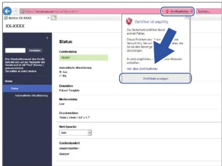 Zertifikatfehler Zertifikat ist ungültig Das Sicherheitszeitifikat dieser enthalt Fehler. Dieser Problem das "e" aus dem Versuch hin, Sie zu die. Sie an den Server ge abzufangen. Es wird empfohlen, eine Weiserte schließen. Info über Zertifikatfehler Zertifikate anzeigen Status Gerätestatus READY Automatische Aktualrisierung ® Aus O Eta Emulation P-Abach Template Mediumstatus Lear Druckmedium 78mm x 4mm / 3,0" x 1,7" Web Sprache Auto Gerätestandort Angenpartner: Standort: