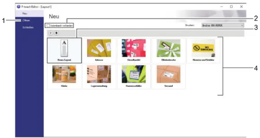 P-touch Editor - [Layout1] Neu Others Schnettes 1 Neu Datenbank verbanden Drucker: Brother XX-XXXX 2 3 4 Hessen Layout Adesso Einzelfandel Gliebezüche Hensive und Schäfer Kürke Lapennereufung Flammensümlöhe Vorund