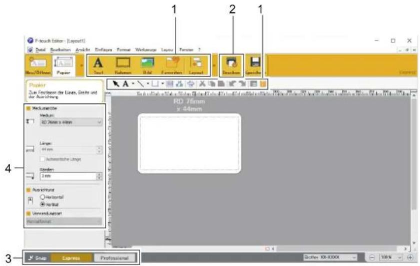 P-touch Editor - [Layout] Detail Bookheiten Anaktie Emfitters Format Workforce Layer Formen ? Menu/Offusion Paper Text Rohman Bit Favoriten Layer1 Bruchtem Specielle 1 2 1 Pulkiter Zum Postzern der Ums, Dette und der Ausstehng Mechanize Medien: 3D Lines x 4mm Länge: 40 mm Automatiche Länge Binder: 2 mm Auskrivierung Horizontal Vertical Verwendungsart Nominalfont RD 75mm x 44mm Snap Express Professional Bofter XX-XXXX 100%