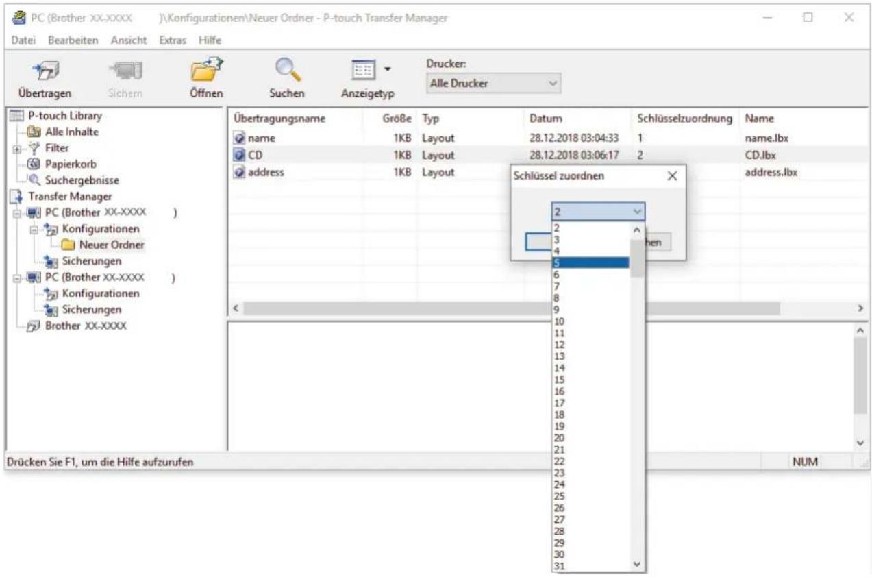 PC (Brother XX-XXXX)\Konfigurationen\Neuer Ordner - P-touch Transfer Manager Datei Bearbeiten Ansicht Extras Hilfe Übertragen Sichern Öffnen Suchen Anzeigetyp Drucker: Alle Drucker P-touch Library Alle Inhalte Filter Papierkorb Suchergebnisse Transfer Manager PC (Brother XX-XXXX ) Konfigurationen Neuer Ordner Sicherungen PC (Brother XX-XXXX ) Konfigurationen Sicherungen Brother XX-XXXX Übertragungsname GröBe Typ Datum Schlüsselzuordnung Name name 1KB Layout 28.12.2018 03:04:33 1 name.lbx CD 1KB Layout 28.12.2018 03:06:17 2 CD.lbx address 1KB Layout Schlüssel zuordnen address.lbx 2 2 3 4 5 6 7 8 9 10 11 12 13 14 15 16 17 18 19 20 21 22 23 24 25 26 27 28 29 30 31 Drücken Sie F1, um die Hilfe aufzurufen NUM