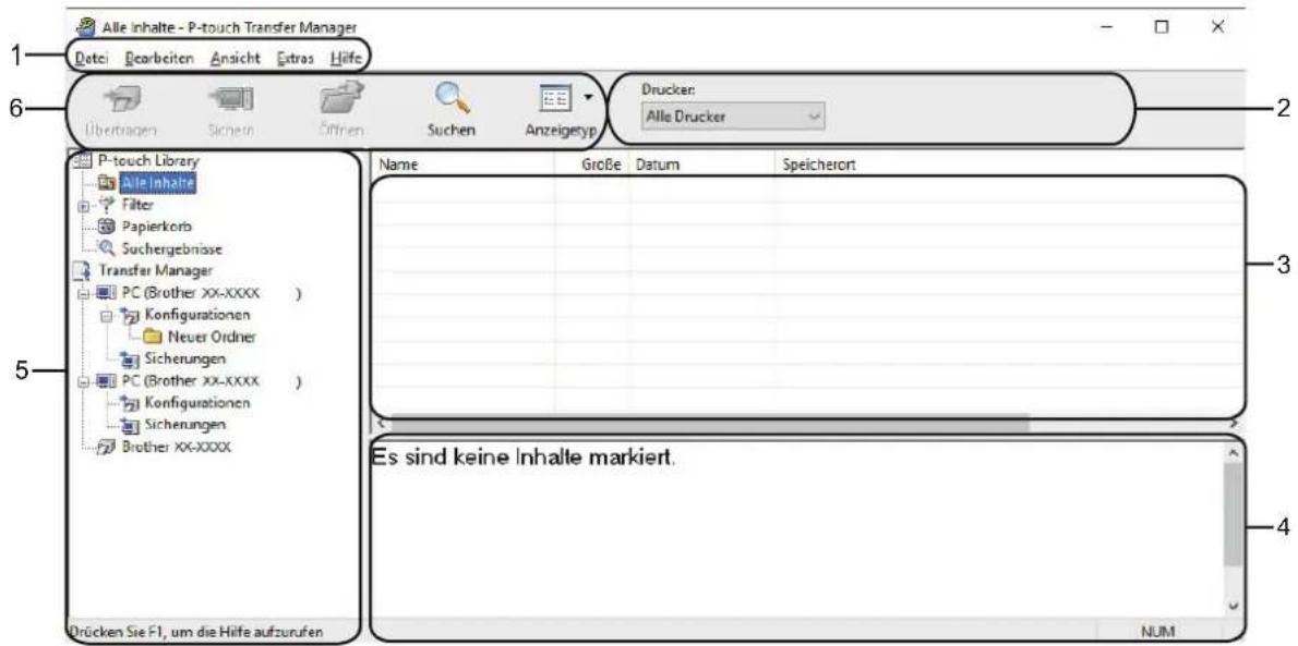 Alle Inhalte - P-touch Transfer Manager Datei Bearbeiten Ansicht Estros Hilfe Drucker: Alle Drucker P-touch Library Alle Inhalte Filter Papierkorb Suchergebnisse Transfer Manager PC (Brother XX-XXXX ) Konfigurationen Neuer Ordner Sicherungen PC (Brother XX-XXXX ) Konfigurationen Sicherungen Brother XX-XXXX Drücken Sie F1, um die Hilfe aufzurufen Name Große Datum Speicherort Es sind keine Inhalte markiert. NUM