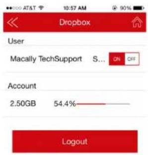 AT&T 10:57 AM 90% Dropbox User Macally TechSupport S... ON OFF Account 2.50GB 54.4% Logout