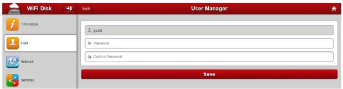 WiFi Disk Back User Manager Information User Network Services guest Password Confirm Password Save