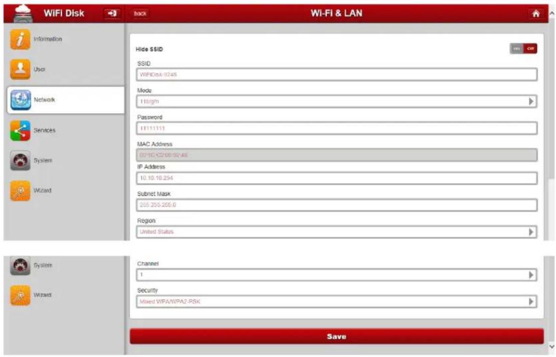 WiFi Disk Back Wi-Fi & LAN Information User Network Services System Wizard Hide SSID SSID WIFI Disk 0245 Mode 1100/n Password 11111111 MAC Address 90*10.C2:66.90.48 IP Address 10.10.10.254 Subnet Mask 255.255.255.0 Region United Status Channel 1 Security Mixed WPA/WPA2-PSK Save
