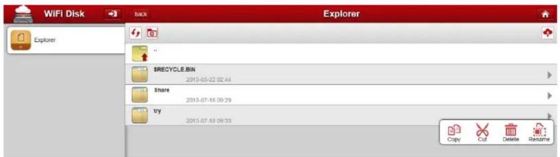 WiFi Disk Back Explorer Explorer $RECYCLE.BIN 2013-05-22 02:44 Share 2013-07-18 09:29 try 2013-07-18 09:33 Copy Cut Delete Rename