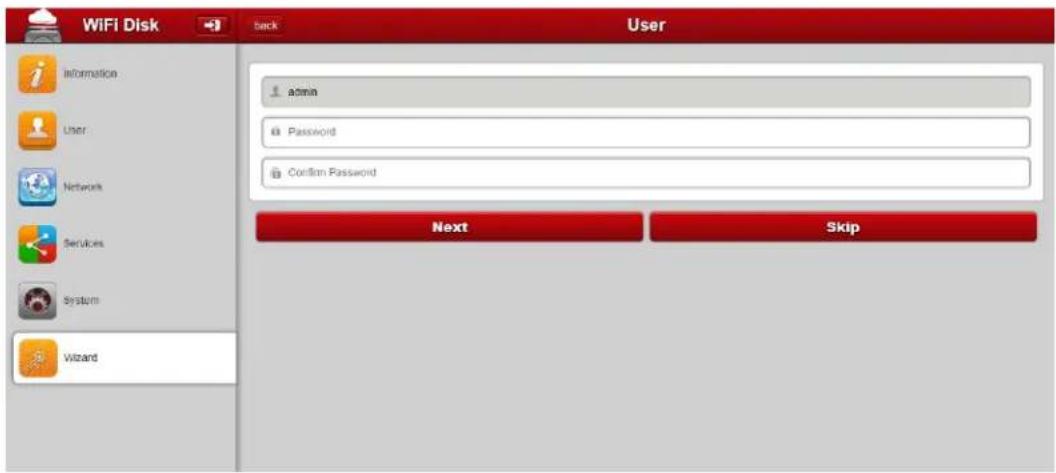 WiFi Disk Back User Information User Network Services System Wizard admin Password Confirm Password Next Skip