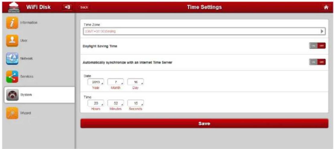 WiFi Disk Back Time Settings Information User Network Services System Wizard Time Zone: [START+01:00]begining Daylight Saving Time Automatically synchronize with an Internet Time Server Date: 2013 7 16 Year Month Day Time: 20 52 15 Hours Minutes Seconds Save