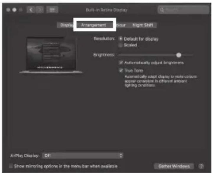 Built-in Display Display Arrangement Colour Night Shift Resolution: Default for display Scaled Brightness: Automatically adjust brightness True Tone Automatically adapt display to make colours appear consistent in different ambient lighting conditions. AirPlay Display: DHI Show mirroring options in the menu bar when available Gather Windows