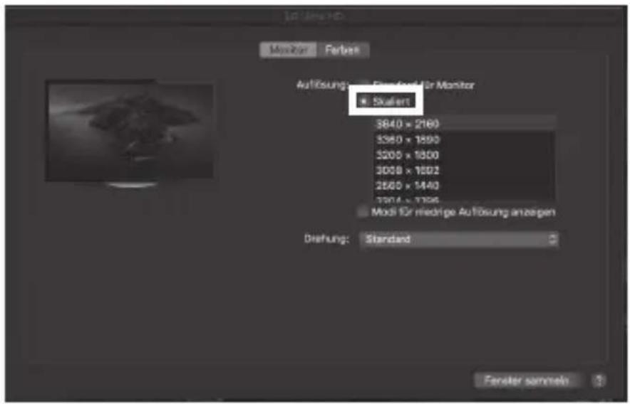 AutoFösung: Standard für Monitor Skaliert 3840 x 2160 5360 x 1890 5200 x 1800 3000 x 1600 2560 x 1440 7504 x 7296 Modi für miedrige Autofösung anzerpen Dreitung: Standard Fender sommein