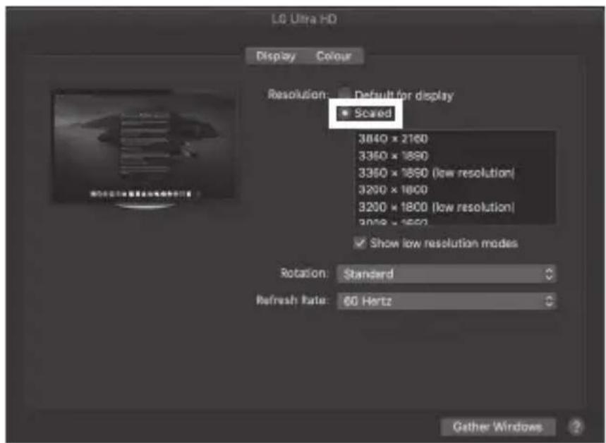 LG Ultra HD Display Colour Resolution: Default for display ■ Scared 3840 × 2160 3350 × 1890 3350 × 1890 (low resolution) 3200 × 1800 3200 × 1800 (low resolution) 3010 × 1800 ✓ Show low resolution modes Rotation: Standard Refresh Rate: 60 Hertz Gather Windows ?