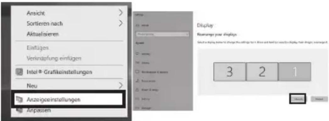 Ansicht Sortieren nach Aktualisieren Einfügen Verknäpfung einfügen Intel® Grafikeinstellungen Neu Anzeigeinstellungen Anpassen Display: Rearrange pour displays Select a flying note to change the settings for a Blue and Red for exactly a display. All rights reserved. 3 2 1 OK Cancel Next
