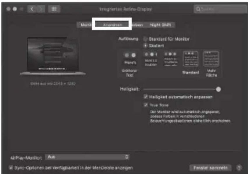 Integriertes Refine-Display Mac OS Anordstrom Antenna Night Shift Auflösung: Standard für Monitor Skaliert Here's Standard für Monitor Standard für Standard Standard Heliigkeit: Heliigkeit automatisch anpassen True Tone Der Monitor wird automatisch angepasst, sozess Farben in verschiedener Beuchungssplattionen einheitlich erschienen. AirPlay-Monitor Aus Sync-Options bei verfügbarität in der Manüleiste anzeigen Fenster sammeln
