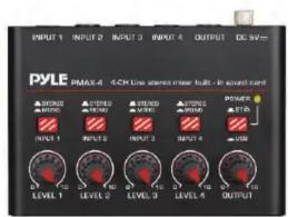 PYLE PIMAX-4 4CH One stereo video load - In sound card POWER AFTER INPUT 1 INPUT 2 INPUT 3 INPUT 4 OUTPUT LEVEL 1 LEVEL 2 LEVEL 3 LEVEL 4 OUTPUT