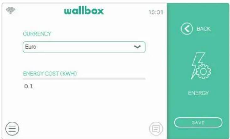 wallbox 13:31 CURRENCY Euro ENERGY COST (KWH) 0.1 BACK ENERGY SAVE