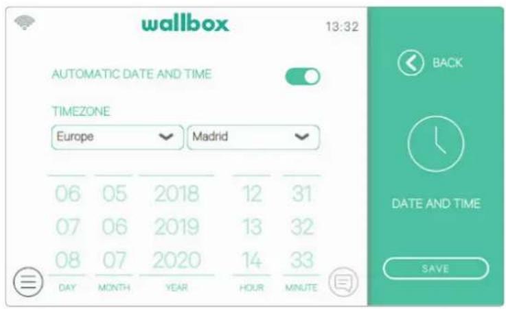 wallbox 13:32 AUTOMATIC DATE AND TIME TIMEZONE Europe Madrid 06 05 2018 12 31 07 06 2019 13 32 08 07 2020 14 33 DAY MONTH YEAR HOUR MINUTE BACK DATE AND TIME SAVE