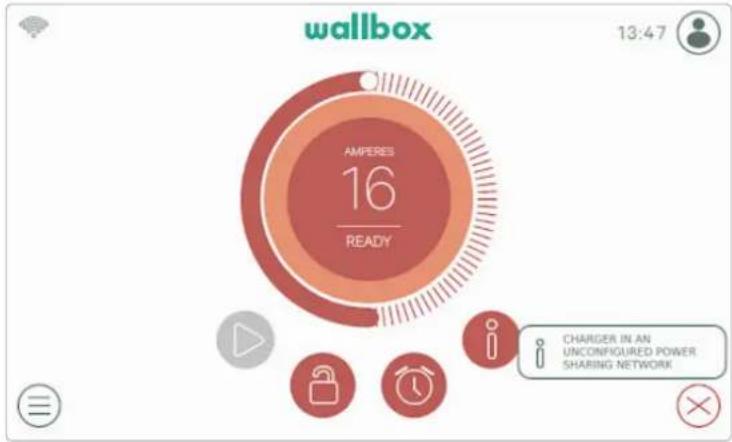 wallbox 13:47 AMPERES 16 READY CHARGER IN AN UNCONFIGURED POWER SHARING NETWORK
