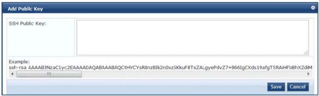 Add Public Key SSH Public Key: Example: ssh-rsa AAAAB3NzaC1yc2EAAAADAQABAAABAQCtHVCYsR8nzBIk2n0xz5KkuF8TsZALgyePdvZ7+366IgCXds19afgTSRAiHFbBhXZdiM Save Cancel