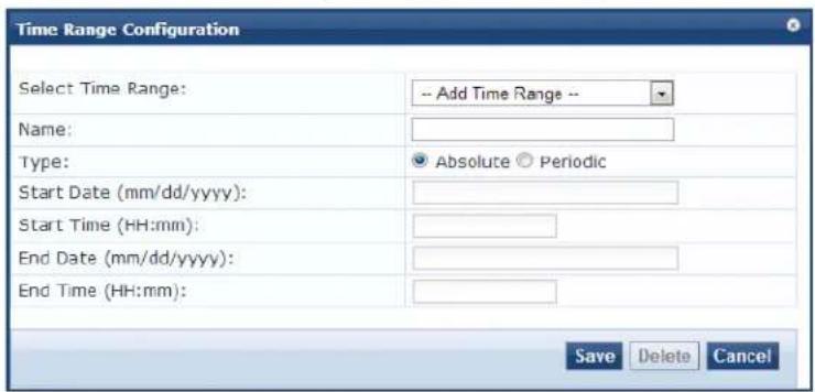 Time Range Configuration Select Time Range: -- Add Time Range -- Name: Type: Absolute Periodic Start Date (mm/dd/yyyy): Start Time (HH:mm): End Date (mm/dd/yyyy): End Time (HH:mm): Save Delete Cancel
