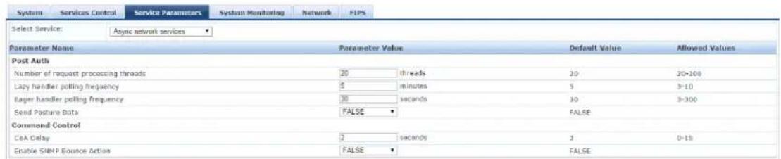 System Services Control Service Parameters System Monitoring Network FIPS Select Service: Async network services Parameter Name Parameter Value Default Value Allowed Values Post Auth Number of request processing threads 20 threads 20 20-100 Lazy handler polling frequency 5 minutes 5 3-10 Rager handler polling frequency 30 seconds 30 3-300 Send Paste Data FALSE FALSE Command Control CeA Delay 2 seconds 3 0-15 Enable SIMP Bounce Action FALSE FALSE