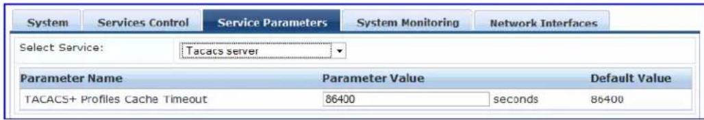 System Services Control三人Service Parameters System Monitoring Network Interfaces Select Service: Tacacs server Parameter Name Parameter Value Default Value TACACS+ Profiles Cache Timeout 86400 seconds 86400
