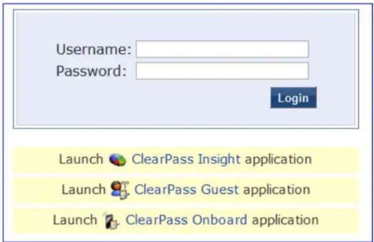 Username: Password: Login Launch ClearPass Insight application Launch ClearPass Guest application Launch ClearPass Onboard application