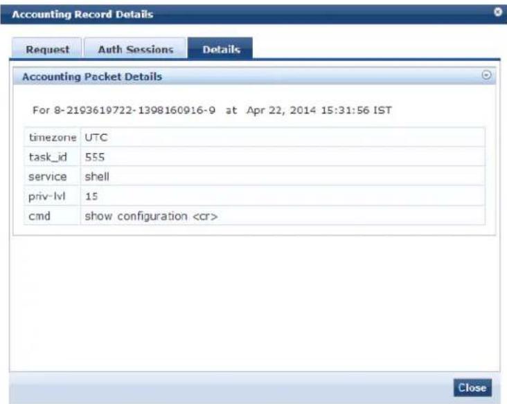 Accounting Record Details Request Auth Sessions Details Accounting Packet Details For 8-2193619722-1398160916-9 at Apr 22, 2014 15:31:56 IST timezone UTC task_id 555 service shell priv-lvl 15 cmd show configuration Close