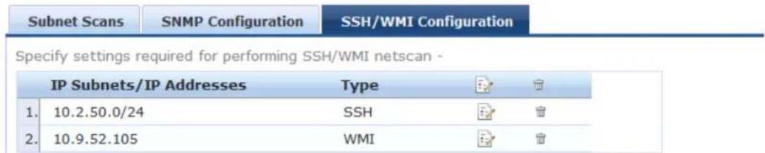 Subnet Scans SNMP Configuration SSH/WMI Configuration Specify settings required for performing SSH/WMI netscan - IP Subnets/IP Addresses Type 1. 10.2.50.0/24 SSH 2. 10.9.52.105 WMI