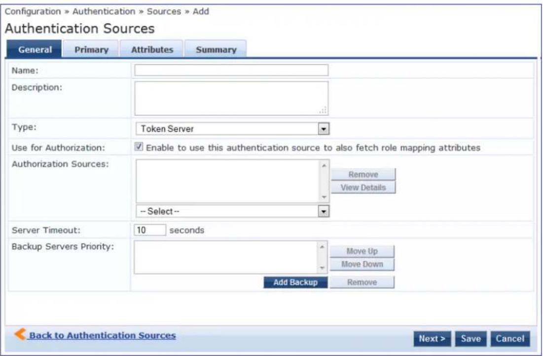 Configuration » Authentication » Sources » Add Authentication Sources General Primary Attributes Summary Name: Description: Type: Use for Authorization: Authorization Sources: -- Select -- Server Timeout: Backup Servers Priority: Back to Authentication Sources Remove View Details 10 seconds Move Up Move Down Add Backup Remove Next > Save Cancel